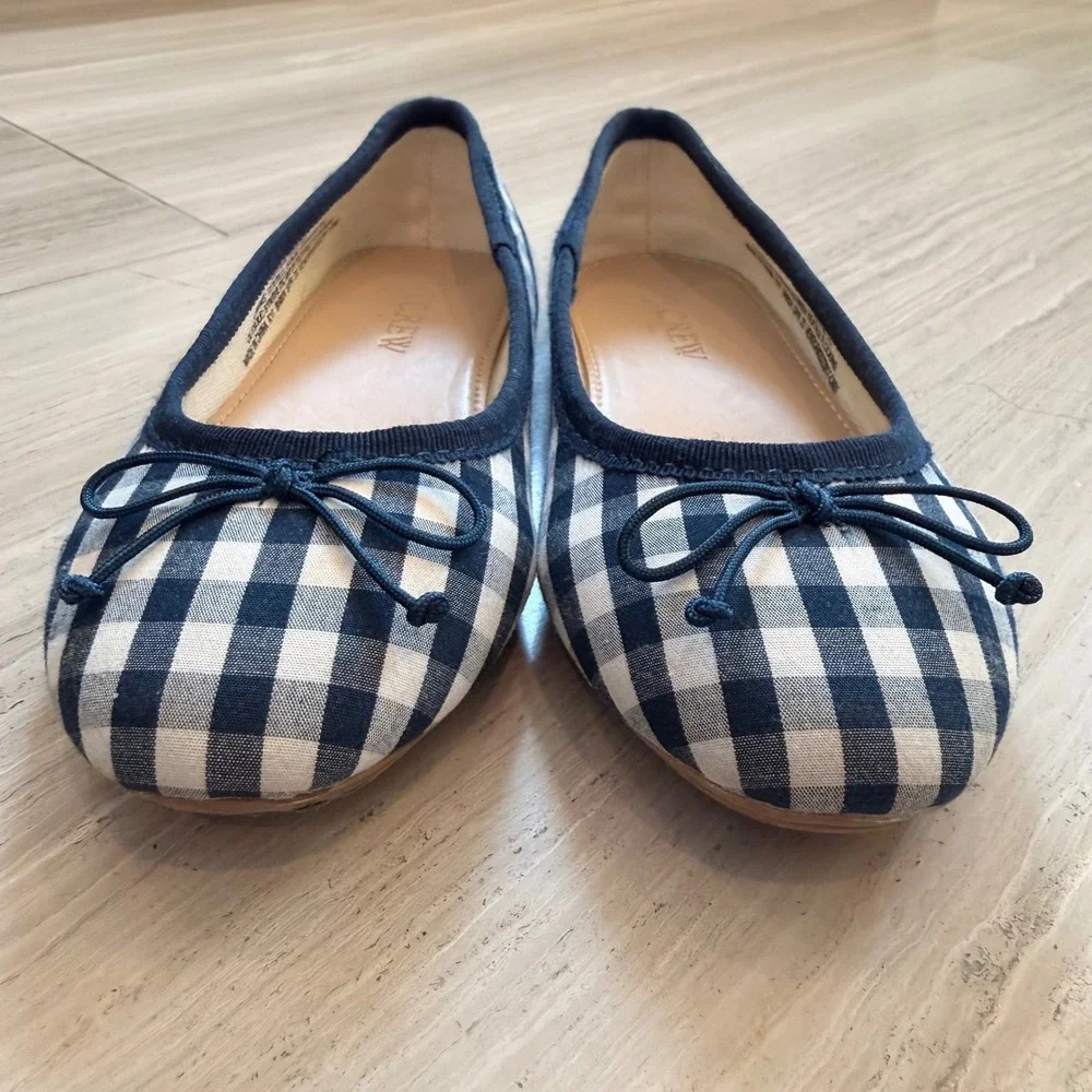 J.Crew Crewcuts Gingham Ballet Flats Bow Plaid Classic Navy White BN824 11 EUC